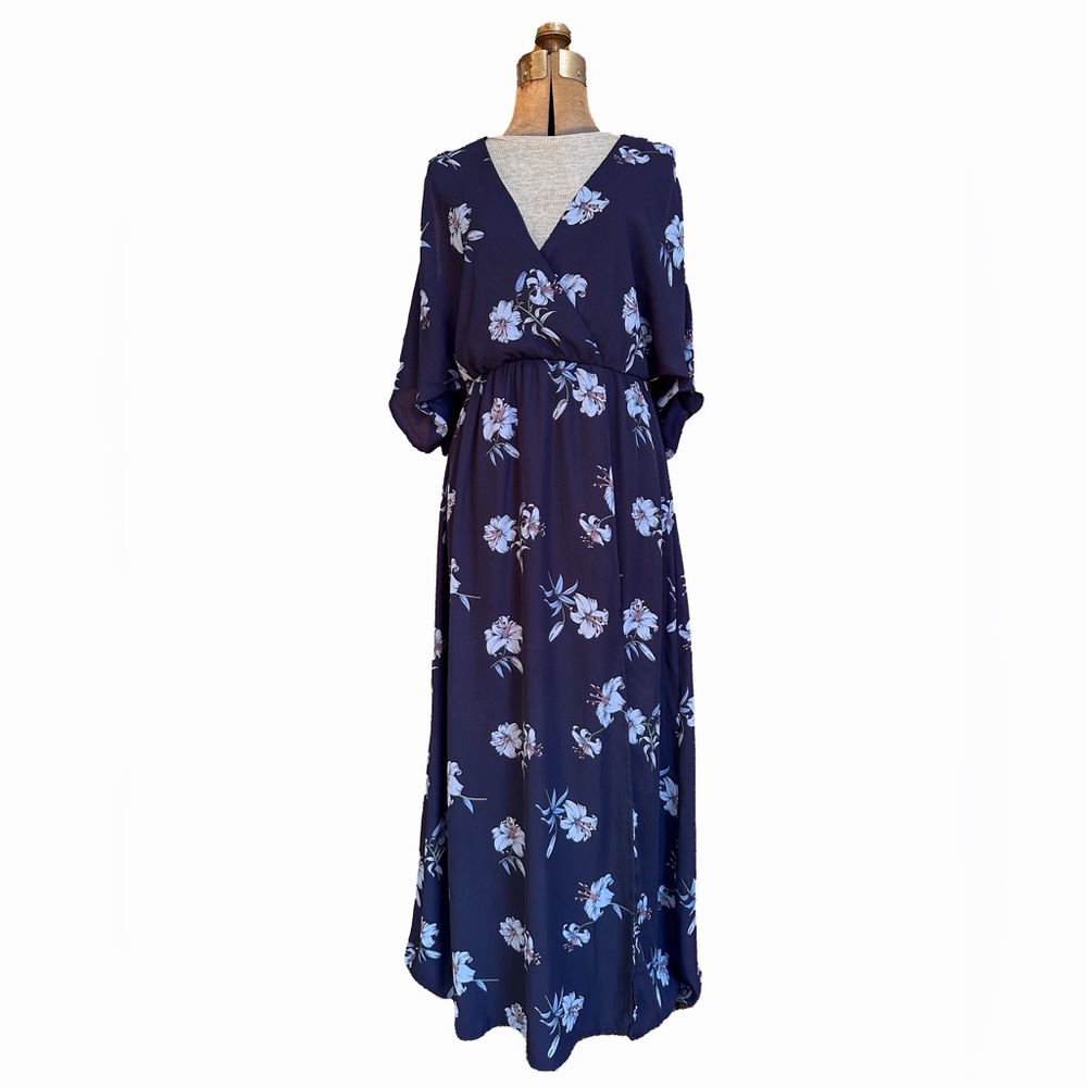 Miami navy floral print maxi dress with cold shoulder sleeves and slit up leg